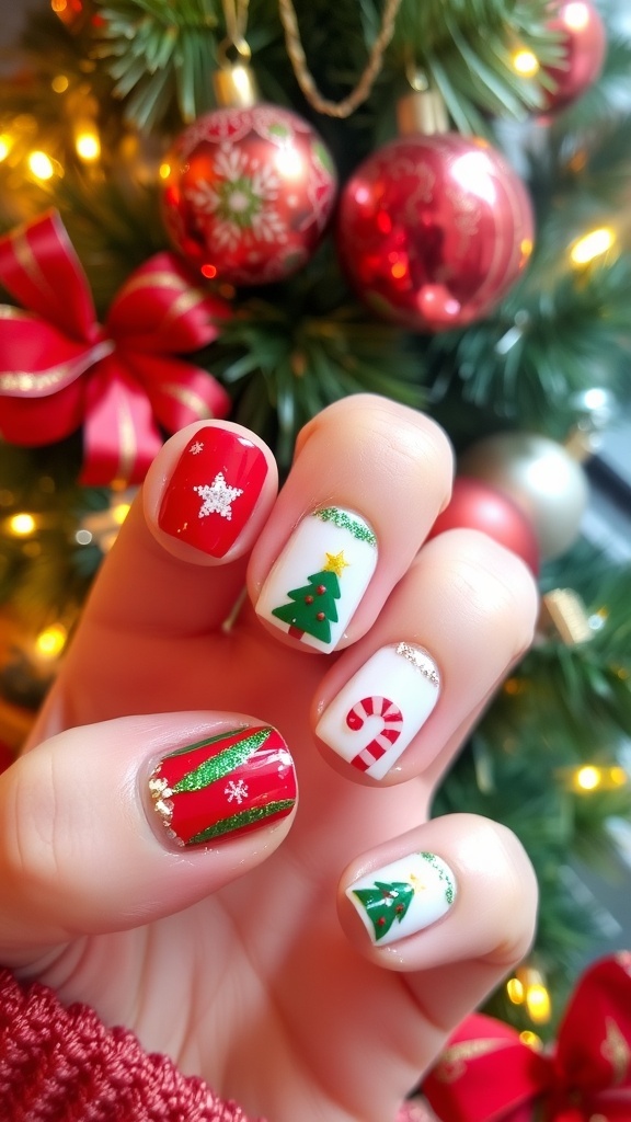 A collection of DIY Christmas nail art designs in red, green, and white with festive patterns.